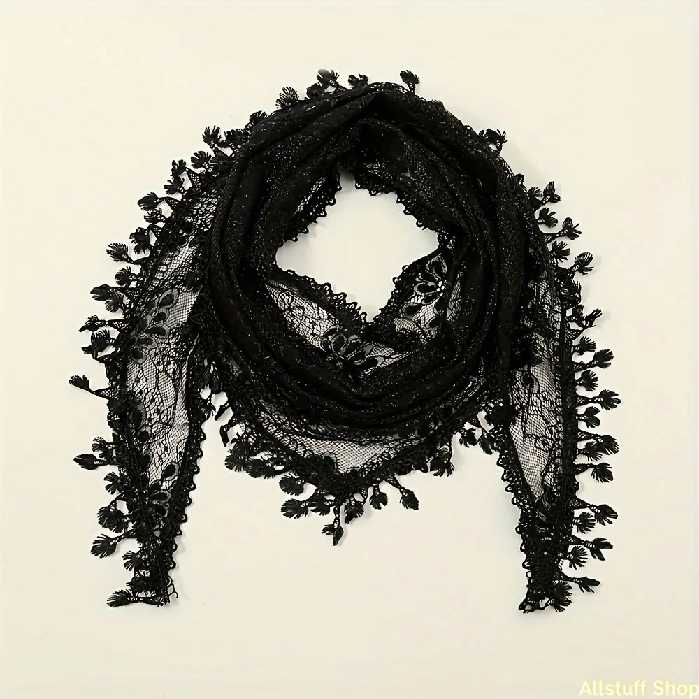 1pc Women's Lace Hollow Embroidery Triangular Scarf - Fringe-Edged, Decorated, Draping, Ethnic-Inspired, Fashionable Head Scarf Shawl Turban Headwrap for Bohemian Style Party Gatherings, Fringe-Edged Head Scarves, Decorated Head Scarves