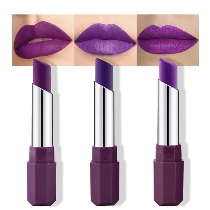 3 Pack Plum Violet Lavender Purple Cream Matte Lipstick Stick, Longwear Velvet Lip Color, Waterproof Multi-Use Lip & Cheek Makeup for Party Daily Wear