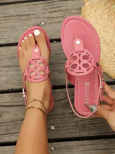 Women's Round Toe Open Toe Flat Fashion Comfortable Vacation Beach Sandals, PU Leather Casual Shoes, Medium Width, Less Than Ankle Height, Summer
