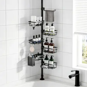 Shower Caddy Organizer Tension Pole Rustproof 6-Pack Corner Shelf with 30-120 Inch Adjustable Shower Rack for Inside Shower Extra Towel Bar & Soap Dish for Bathroom Storage Black