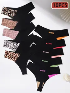 Women's Low Waist Triangle Panties, Leopard Print V-Shape Sexy Thongs, Valentine's Day Love Heart Rainbow Colors, All Seasons Wear, Minimalist Soft Panties