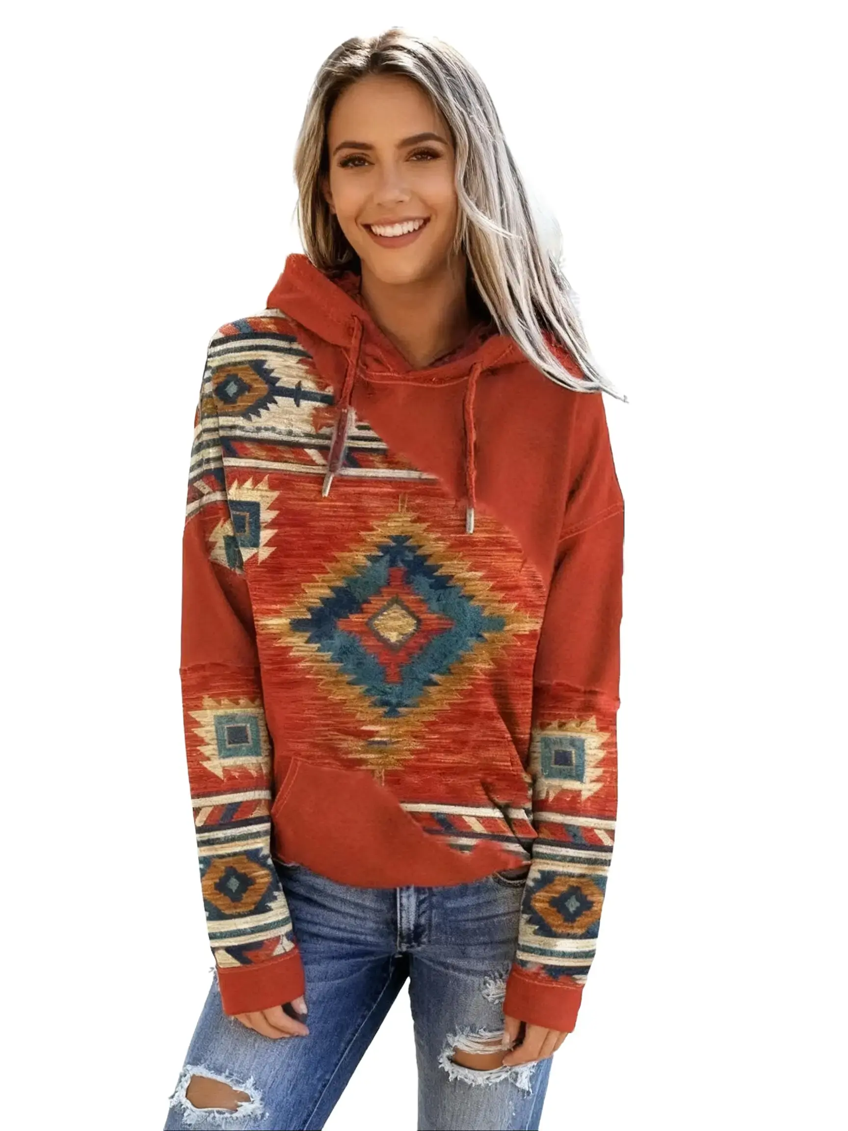 Women's Knitted Knit Hoodie with Southwestern Geometric Print, Retro Loose Fitting Long Sleeve Pullover for a Casual OOTD and Beach Outfits, Longsleeves