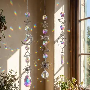 Rainbow Prism Crystal Dreamcatcher Wind Chime, Outdoor Wind Chimes: Sun and Moon Design, Multi-Faceted Light Refraction Outdoor Decor for Garden, Patio, and Yard Atmosphere Hanging Ornament