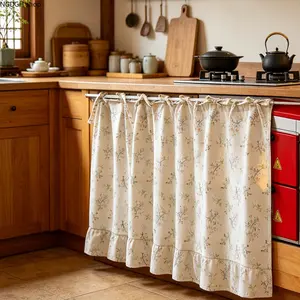Cotton-linen floral half-curtain, kitchen interception curtain, no-drill cabinet curtain, home short curtain, partition curtain, Oven Skirt