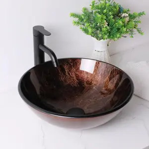 Lordear Glass Vessel Sink Bathroom Sink 16x16 Inch Round Artistic Tempered Glass Vanity Sink with Pop-Up Drain Countertop Basin for Bathroom