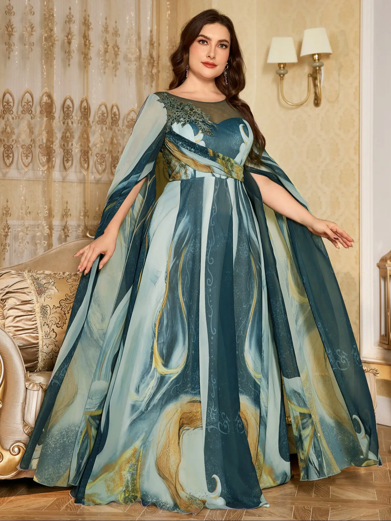 Elegant Round Neck Long Draped Sleeve Dress, Luxurious Beaded Embroidery, Multicolor Chiffon Evening Gown, Random Cut Design