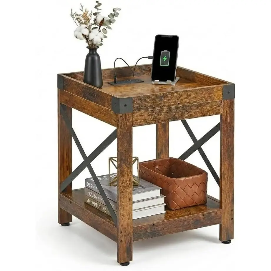 ZEXVIDA Farmhouse 2-Tiered Square Side Table - Wood Frame Indoor End Table with Tabletop Socket, Square Shape Living Room Furniture, Two-Tiered