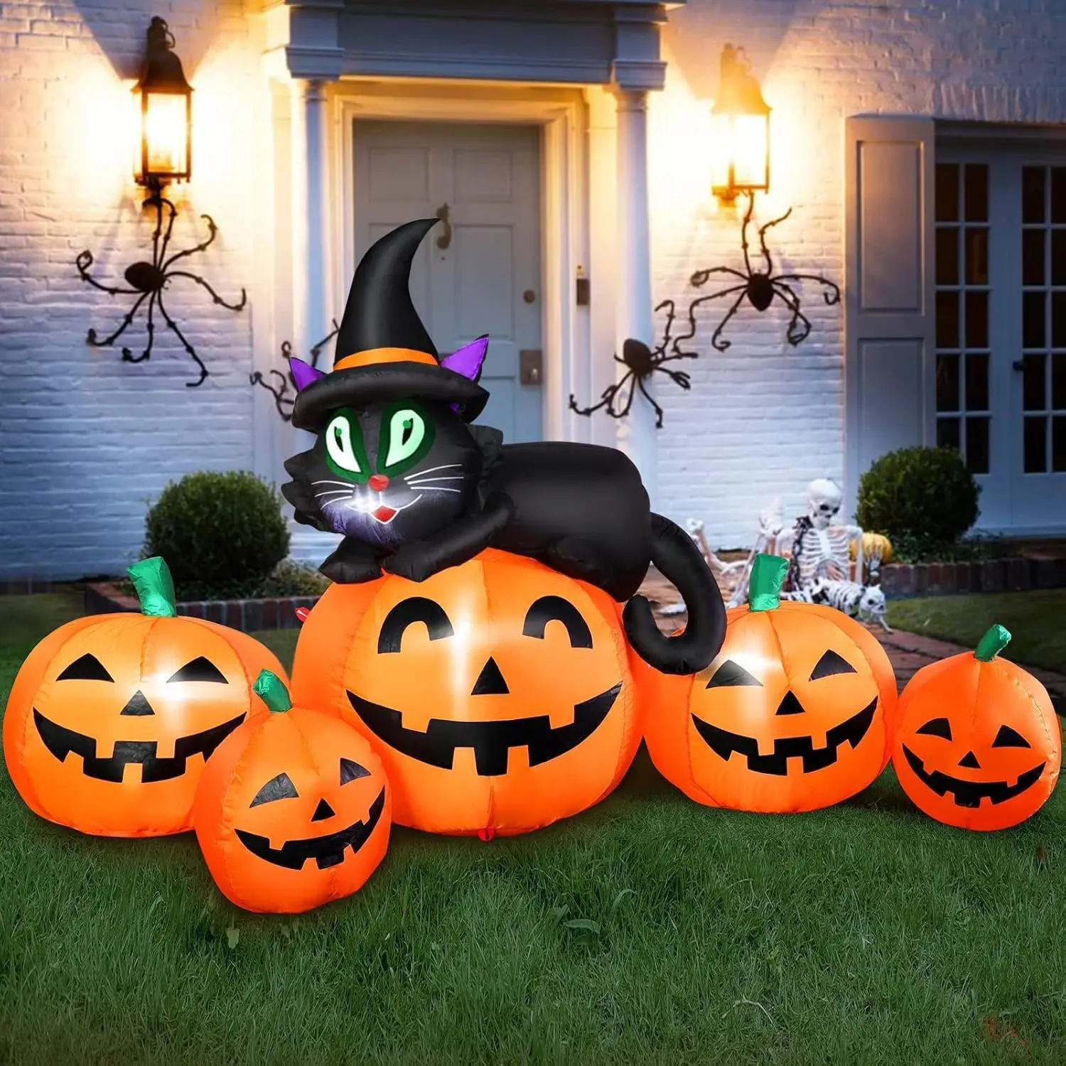 5FT Halloween Inflatable Pumpkin Outdoor Decoration, Lighted Blow Up Yard Decor, 5PCS Pumpkins with Witchs Black Cat Built-in LED Lights for Balcony Home Holiday Party Lawn Patio Outside Events Propspooky season decor, spooky yard decor, halloween yard de