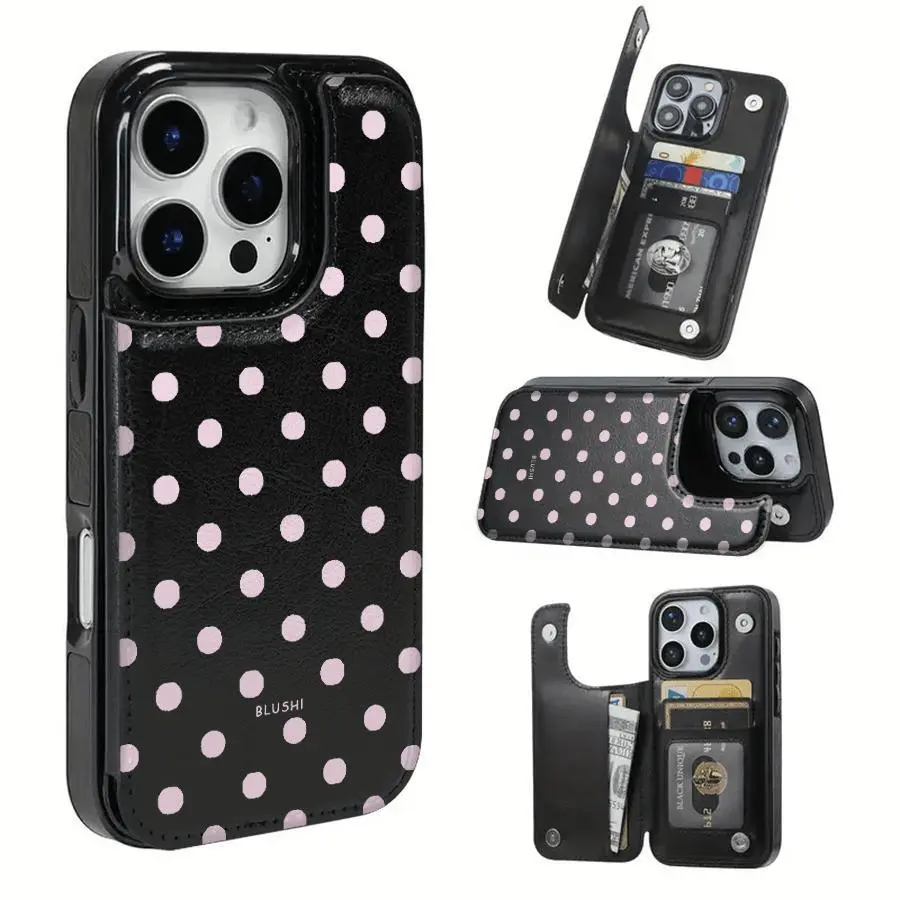Black background with large pink polka dots