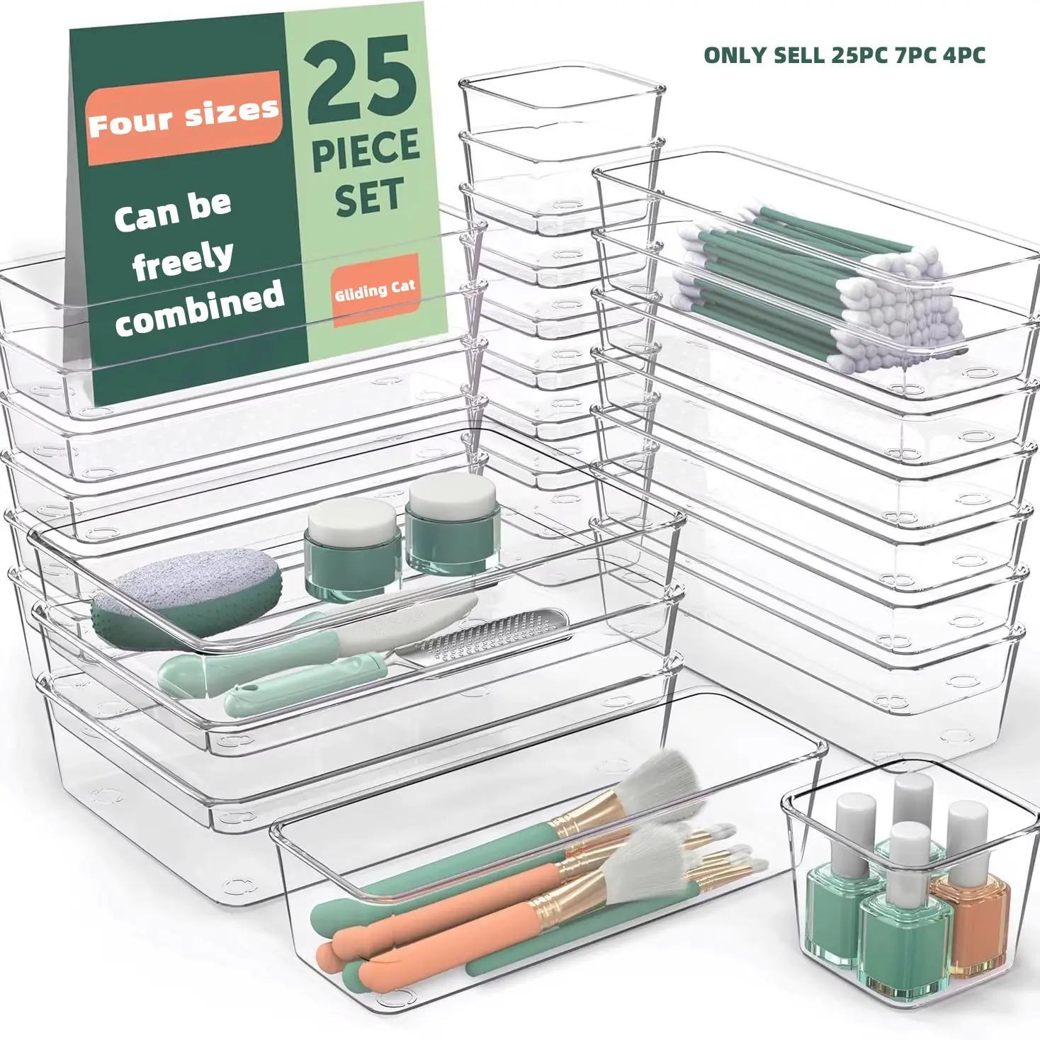 25 PCS Clear Plastic Drawer Organizer Set, Stackable Storage, 4 Sizes Desk Drawer Divider Organizers and Storage Bins for Makeup, Jewelry, Gadgets for Kitchen, Bedroom, Bathroom, Office, Beauty Organizer, Cosmetic Organiser, Cosmetic Organizer Box