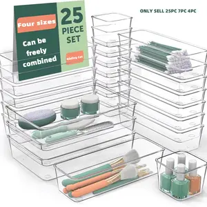 25 PCS Clear Plastic Drawer Organizer Set, Stackable Storage, 4 Sizes Desk Drawer Divider Organizers and Storage Bins for Makeup, Jewelry, Gadgets for Kitchen, Bedroom, Bathroom, Office