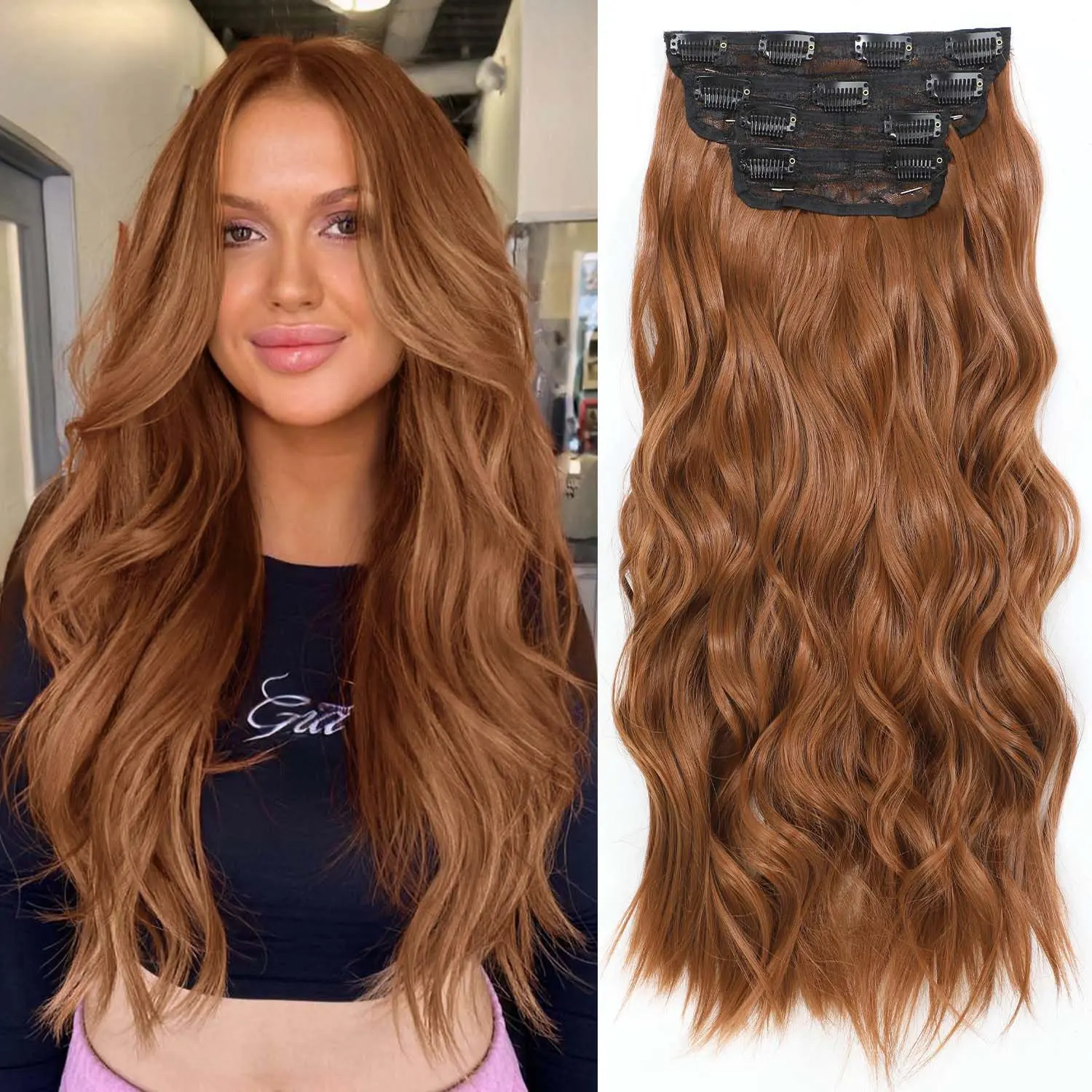 Fable Beauty Shop 20 Inch Natural Look Curly Wave Extensions for Women, 4-Piece Thick Double Weft Synthetic Clip-in Hair, 190g, Copper Auburn