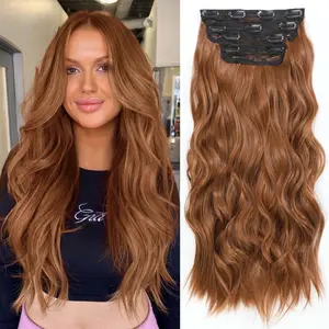 Summervibes Clip in Synthetic Hair Extensions Long Wavy 4PCS Thick Hairpieces Copper Auburn Fiber Double Weft Natural Hair Extensions 20 Inch 190g for Women