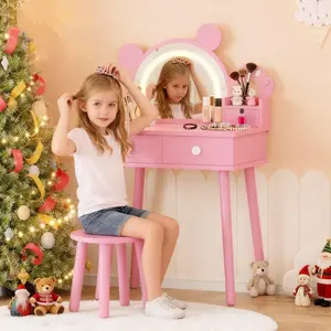 Garvee Kids' Changing Playset with Lights, Bear-Shaped Makeup Computer with Mirror and Stool, Wooden Princess Makeup Table for Bedroom, Interactive Pretend Play
