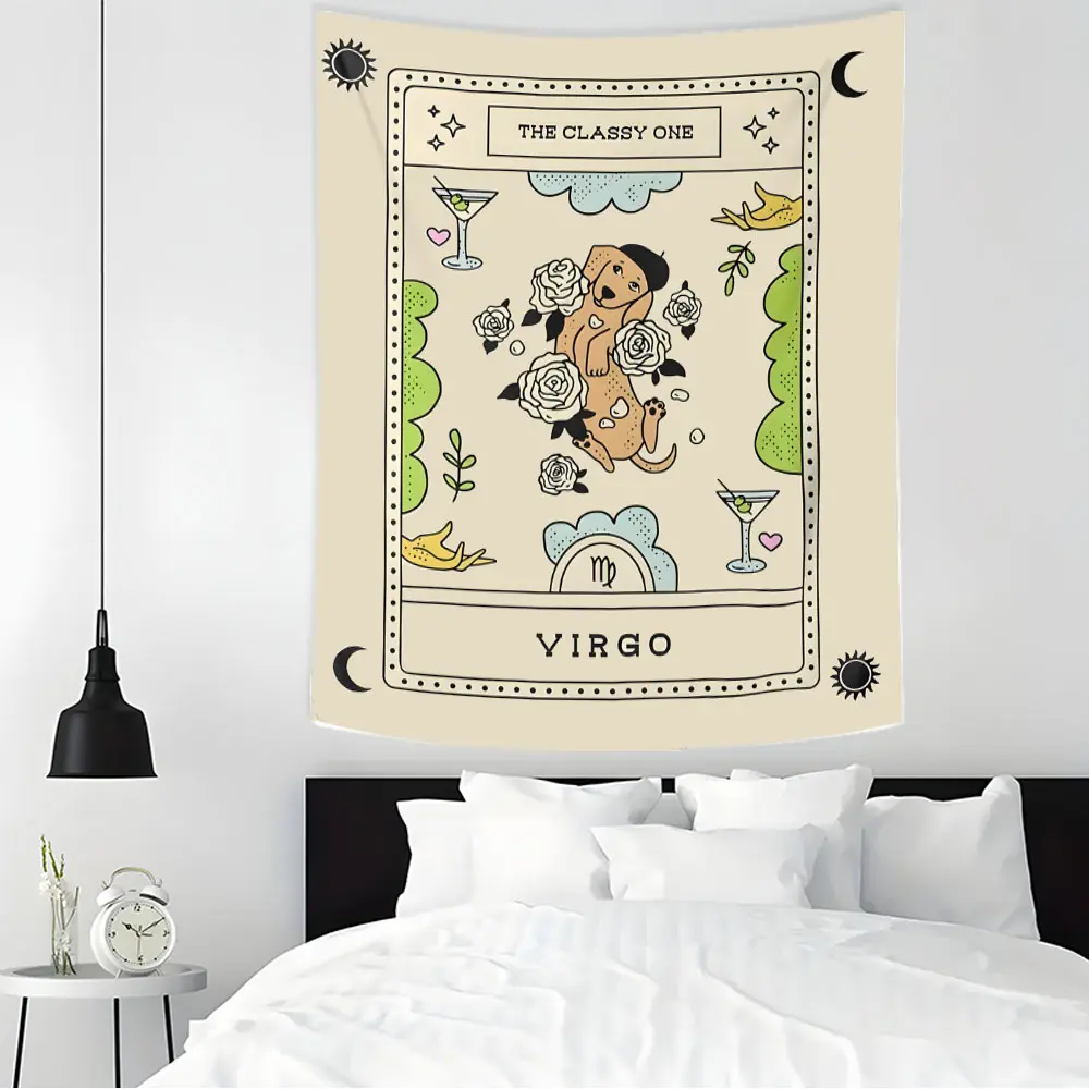 Virgo Zodiac Tarot-Style Pattern Design Large Tapestry Wall Hanging, Multiple Sizes Polyester Fabric for Wall Decoration, Easy to Clean and Maintain. Soft and Durable Material, Suitable for Living rooms, Bedrooms, Homes and Parties