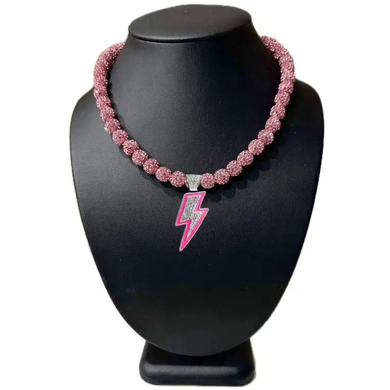 Iced Bling Disco Ball Rhinestone Pollyanna Crystal Bead Baseball Softball Necklace Pink Lightning