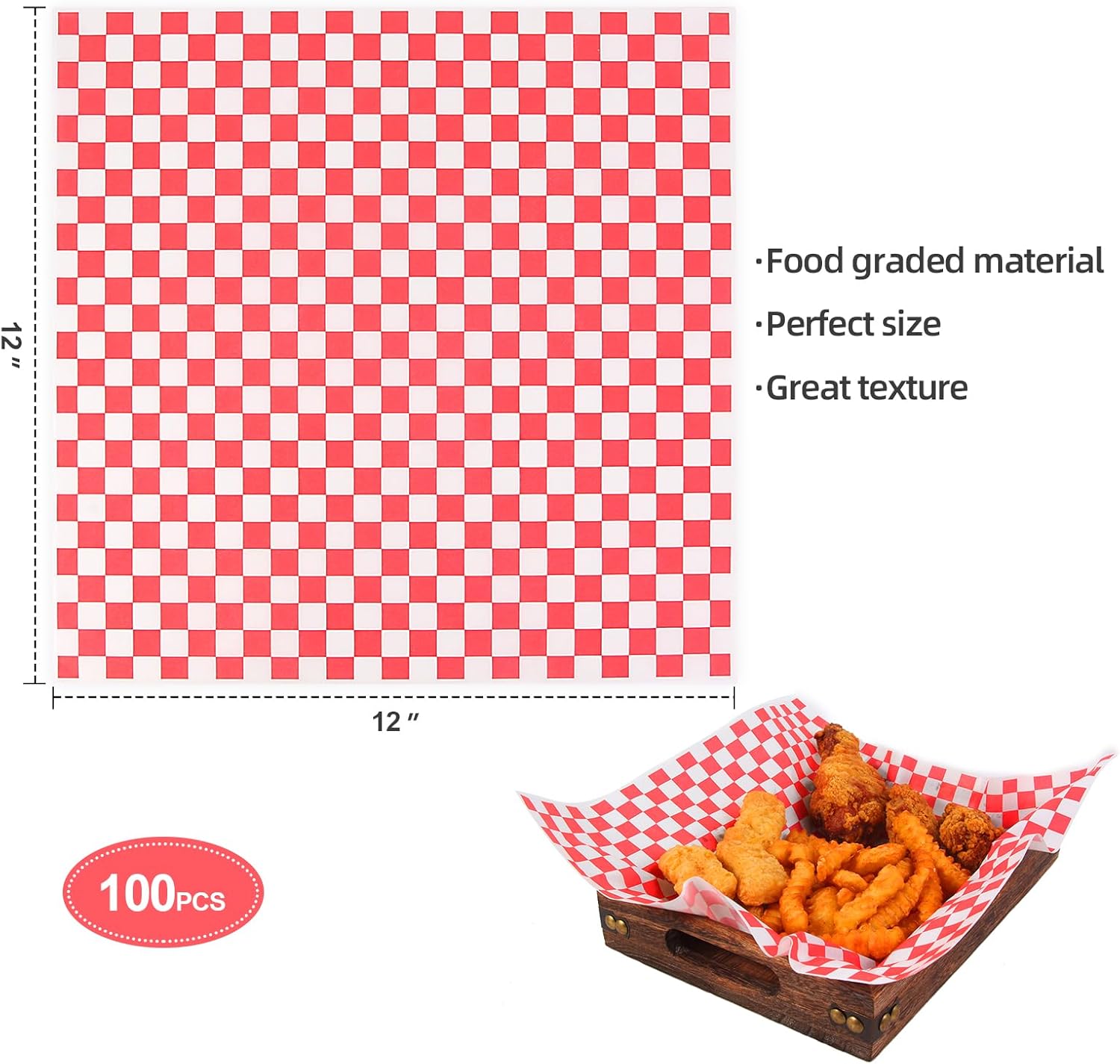 JIRNGLA 100PCS Deli Paper Sheets 12x12" Grease-Resistant Wax Food Basket Liners Checkered Sandwich Wrapping Paper for Parties Restaurants & Outdoor Use