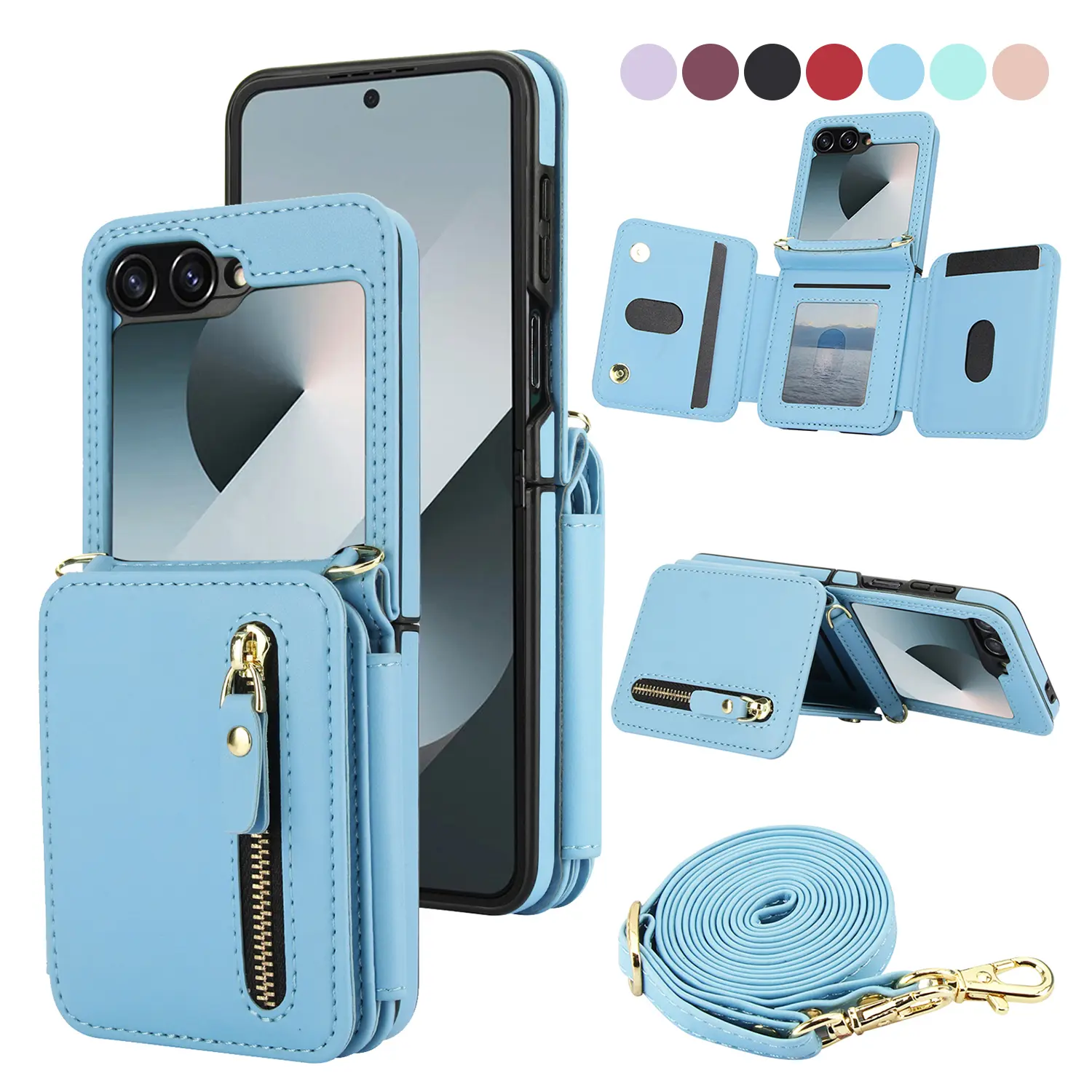 HISTORYOO Smartphone Casing for Samsung Galaxy Z Flip 7/7 FE/6/5/4/3 5G, PU Leather Wallet Case with Built-in Cash Slot, Zipper Purse, Credit Card Holder, Hinge Protection, Adjustable Lanyard, Handheld Crossbody Stand for Women, Devices