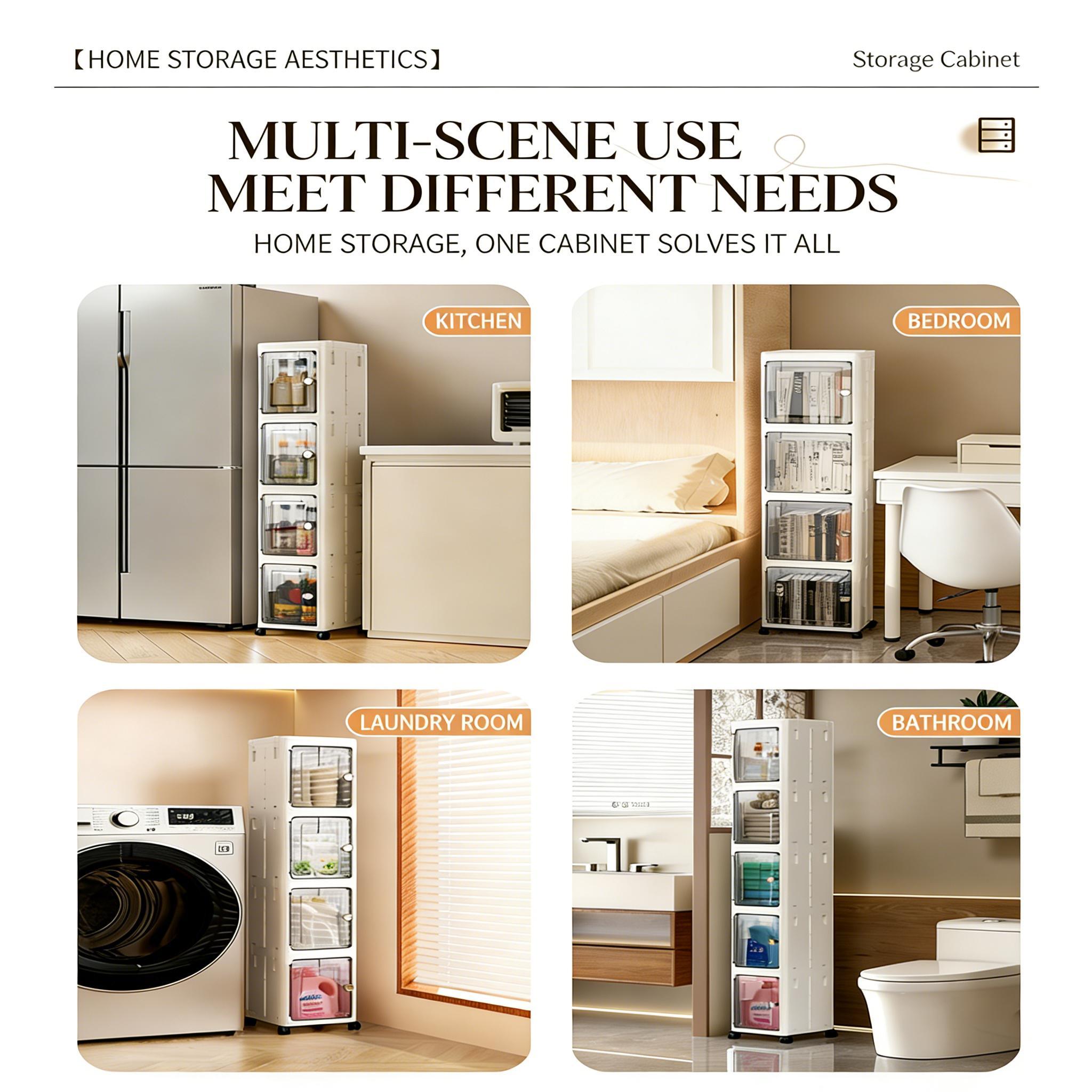 Mobile Foldable Dustproof Storage Cabinet Universal Wheels Magnetic Door Multilayer Slim Narrow Gap Storage Box Kitchen Bedroom Bathroom Side Home Organizer