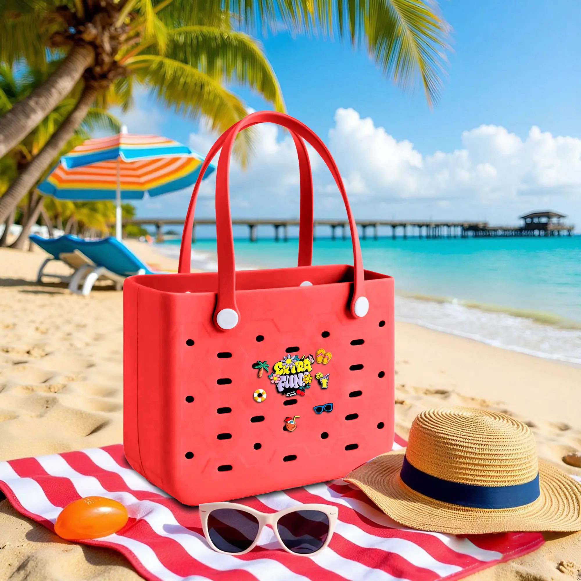Medium Sized Women's Portable Beach Bag with Open Design Cartoon Style Fashionable Tote Bag Waterproof & Easy to Clean for Beaches Swimming Pools Supermarket Shopping Travel Essentials