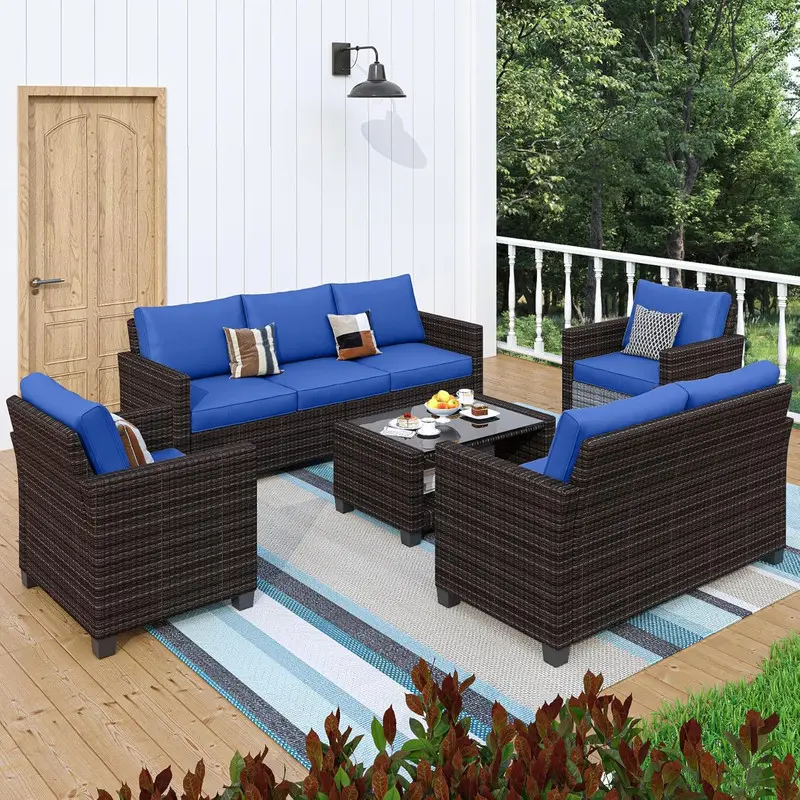 7-Seat PE Rattan Outdoor Patio Sectional Sofa Set, 5-Piece Conversation Set with Storage Table, Water-Repellent Cushions for Backyard, Deck, Seven Seats