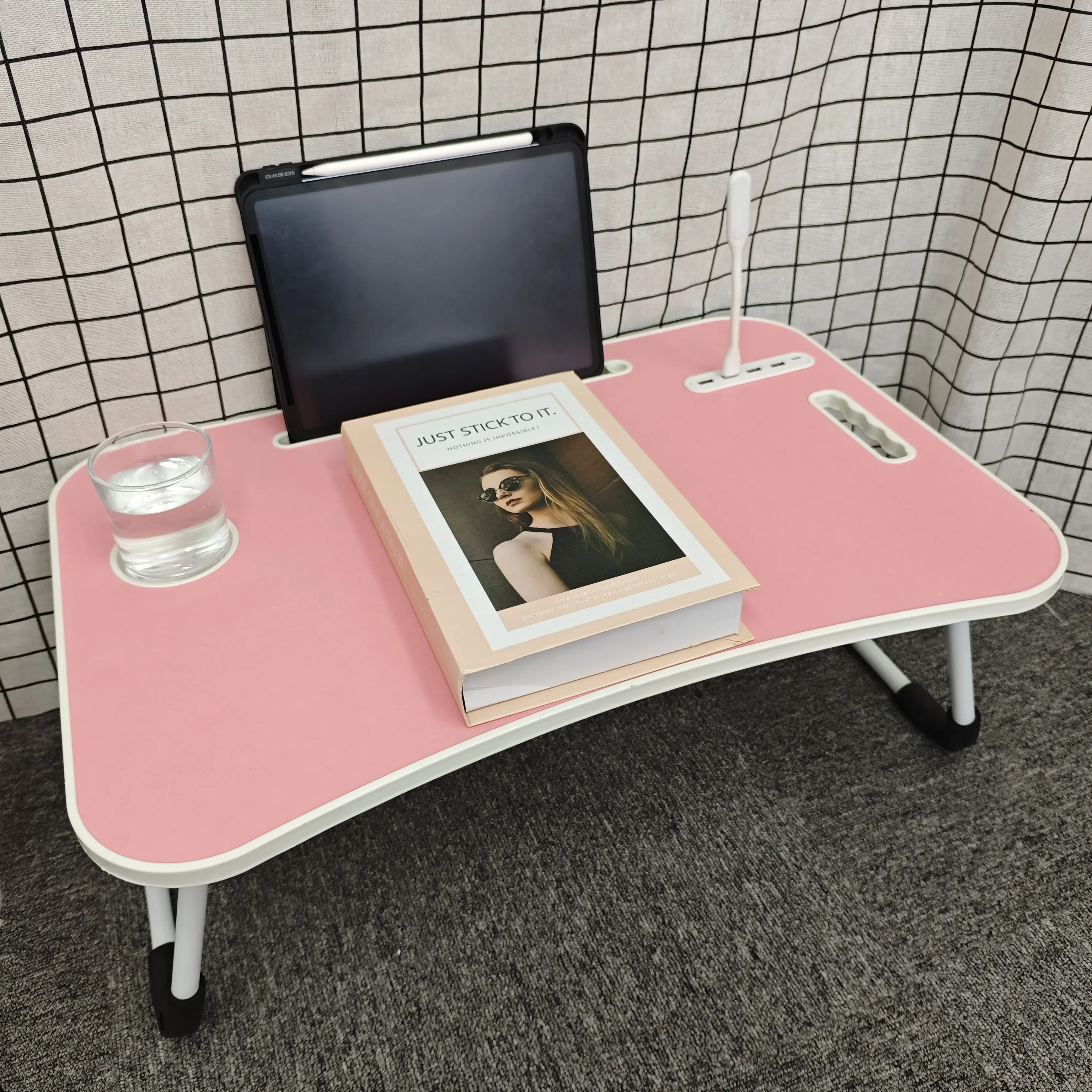 Portable Bed Laptop Desk Tray, Foldable Lap Table for Working, Eating & Reading, Multi-Use Table for Bed, Sofa, Couch & Floor Adjustable with Storage and Fan creamy keyboard