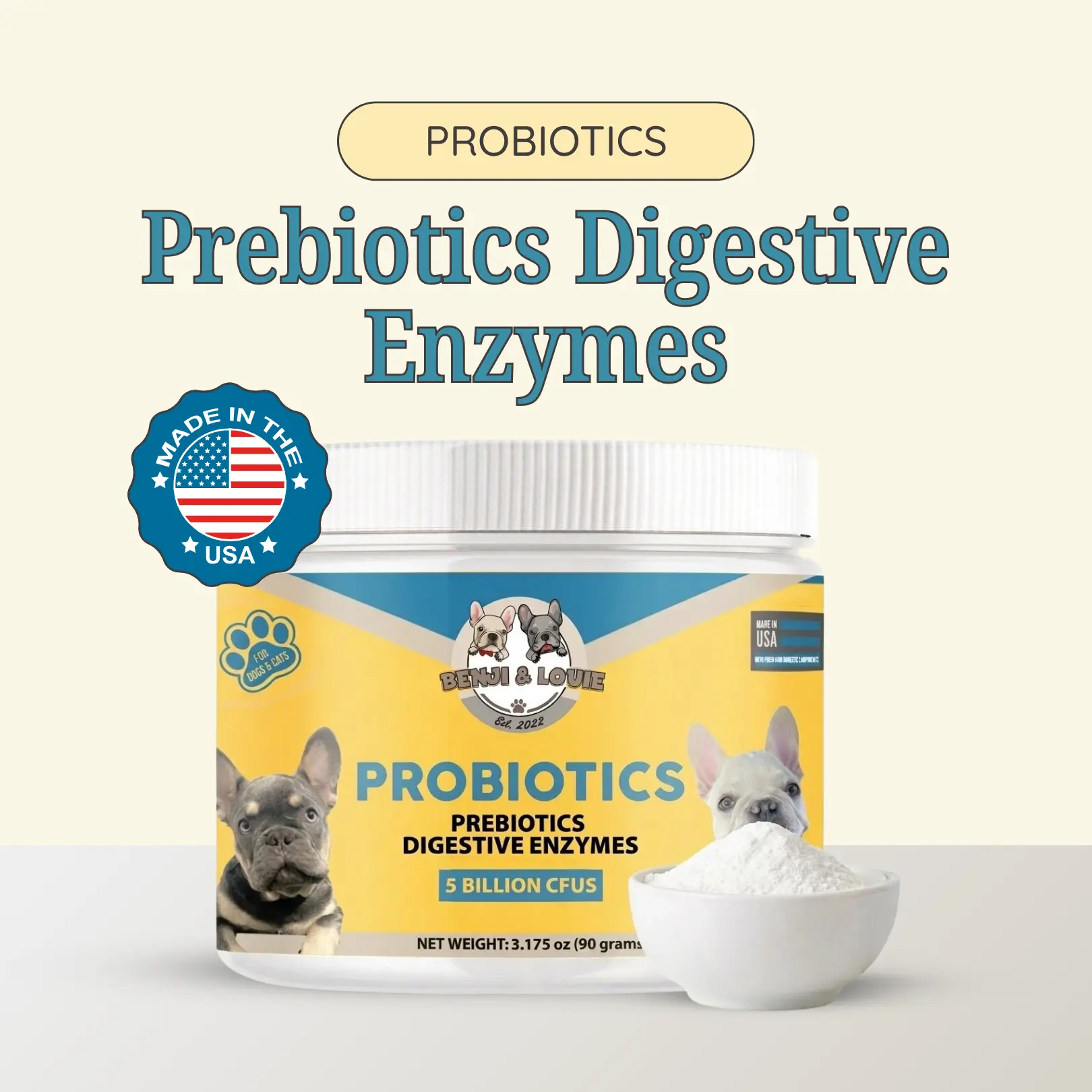 Probiotics for Dogs & Cats, 3.175 oz (90g) – 5 Billion CFUs with Prebiotics & Digestive Enzymes, Powder Supplement