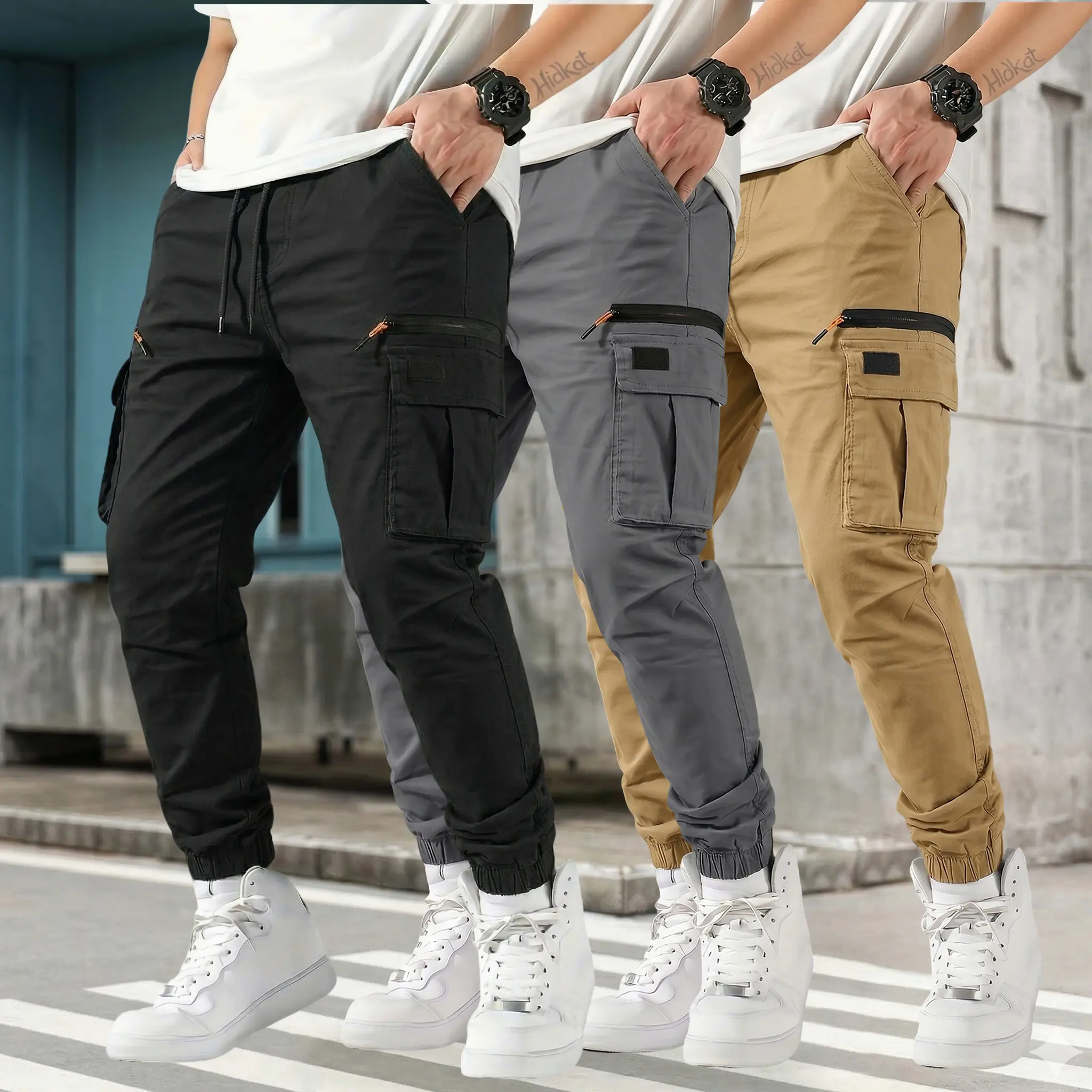 Men's All Season Plain Cargo Pants 3-Pack - Casual Fit Streetwear Trouser, Multi-Large Zippered Pockets, Straight-Leg Tapered, for Outdoor Enthusiasts' Everyday Wear & Commuting, Great Holiday Gift, Menswear, Straight Fit Moves Easily All Day