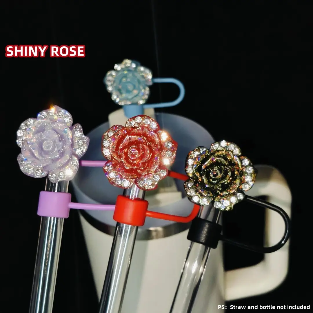 Shining Rose Straw Toppers,Silicone Straw Topper,Dazzling color Straw Covers Compatible with Cups 30&40 Oz,Dust-proof for 0.39" Diameter Straws,Cute Christmas New years Valentine's Day gift,Cup Toppers Drinkware outdoor camping Activities 1pc