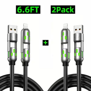 [Buy 1 Get 1 Free] 4 in 1 Multi USB Charging Cable, 6.6ft with USB A, Type C, Lightning-MAX240W Fast Charging and Data Sync for iPhone16/15, iPad Pro, Samsung and Laptop Fast Charging USB Cable 4 in 1 with Breathing Light Fast Charging