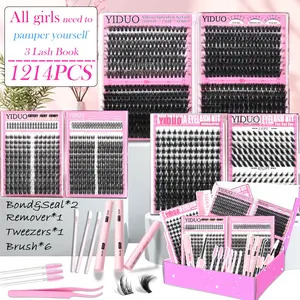 11-Style Eyelash Cluster Kit: 40D/60D/80D/100D, Manga Spiky, Cat-Eye, and Bottom Lash Cluster Kit; 5-18mm Cluster Eyelash Extension Kit(1214 Pcs), D-Curl;  With  Lash Bond and Seal*2, Lash Remover，Lash Tweezers,Eyelash Brush DIY at home.