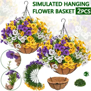 2pcs Artificial Hanging Pansy Baskets 24 Realistic Pansies Eucalyptus UV Resistant Outdoor Indoor Decor for Porch Patio Balcony Yard with Hanging Baskets Greenery