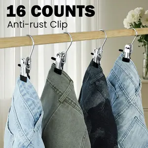 16 Counts Premium Hanging Hooks Clips, Heavy Duty Stainless Steel Boot Hangers, Multi-Purpose Clothes Pins for Home, Travel