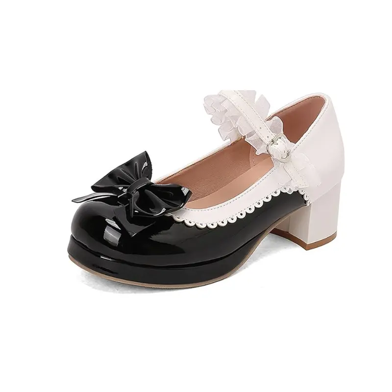 Women's Elegant Stylish Lolita Mary Jane Platform Pumps - Bowknot Design, Round Toe, Frilly Lace Strap, Chunky Mid Heel, Cosplay Footwear, Bowknot Design Shoes