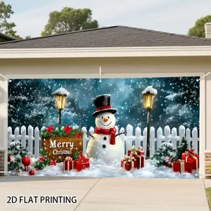 2D Door Banner Large Winter Snowman Scene Garage Door Banner with Snowman, High Top Hat and Pointed Stake Fence - Suitable for Christmas, New Year, Valentine'S Day - Durable All-Weather Material, Easy to Tear Background, Suitable for Doors,