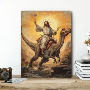 Jesus Riding Dinosaur Pattern Wooden Framed Canvas Painting, Modern Art, Fashion Decoration, Stylish Religious Decor, Religious Decorations, Living Room Bedroom Decoration, Hallway Office Mural, Kitchen, Home Poster, Religious Cross Print
