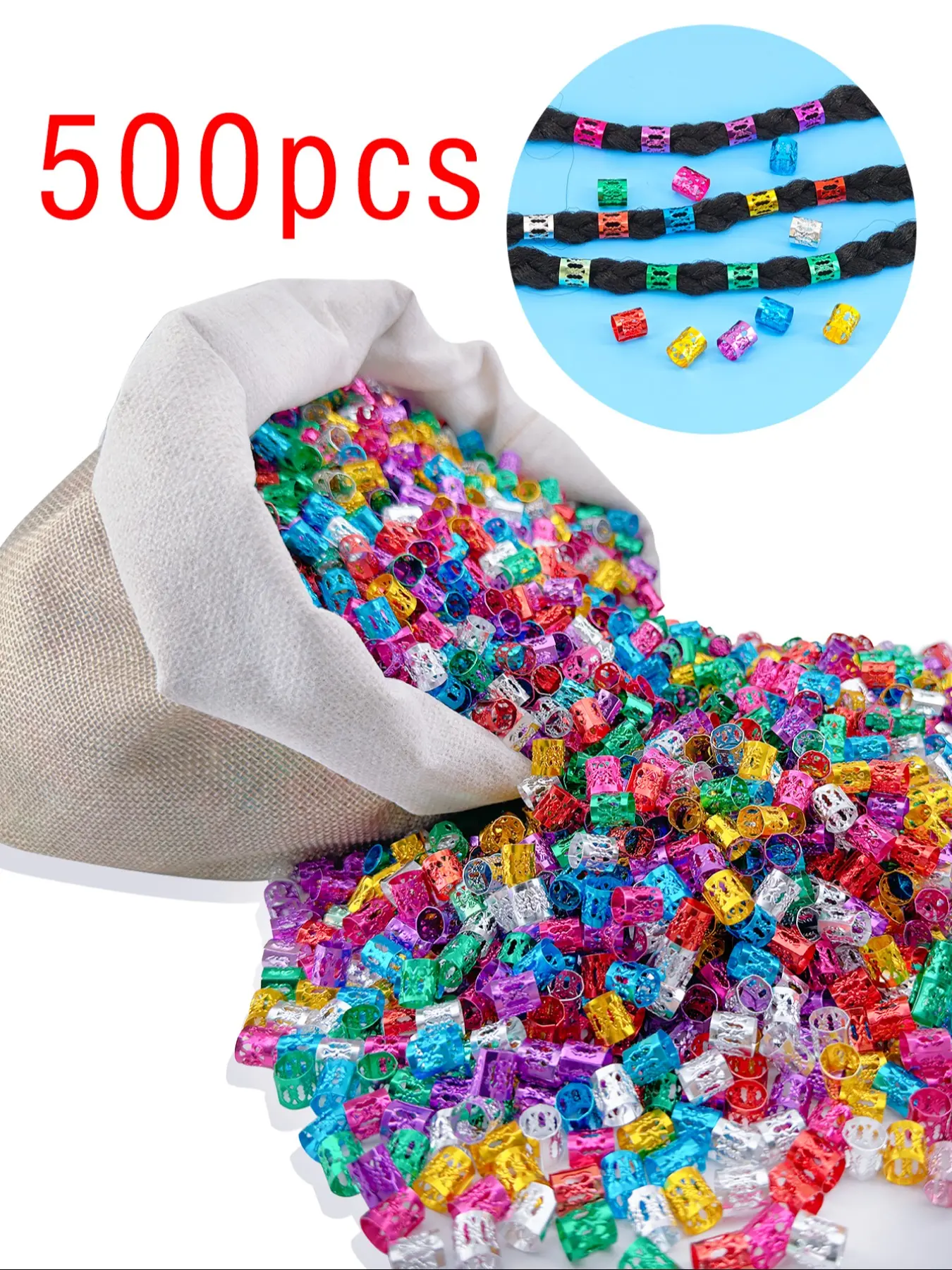 500pcs Multicolor Unique Hair Jewelry Rings for Braids, Dreadlocks Beads, Colorful Aluminum Ring, Adjustable Metal Cuffs for Women and Girls, Geometric Patterns, Hair Accessories