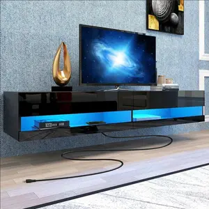 Floating TV Stand Wall Mounted with LED Lights and Power Outlets, 71’’ Modern High Gloss Entertainment Center for 85 inch TVs, Media Console Hanging TV Shelf for Living Room Bedroom