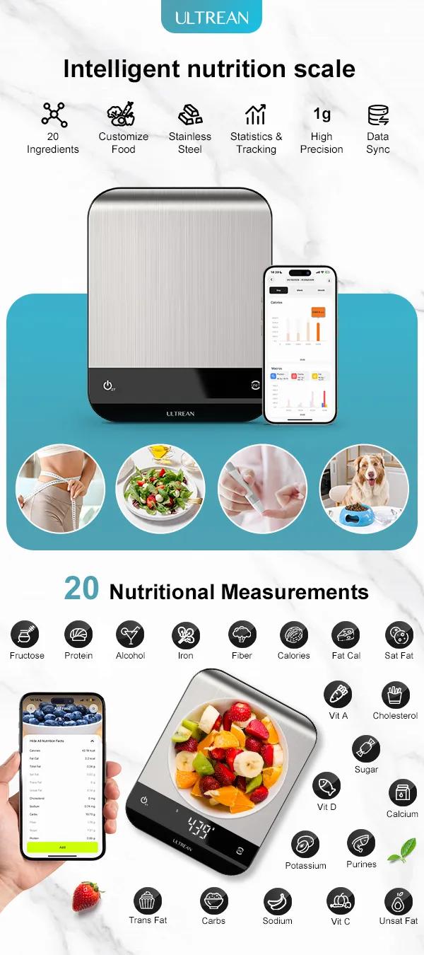 Ultrean Smart Digital Kitchen Scale, with High Precision 0.1g/0.001oz & App for Tracking Food, Calories, Macros, Dieting, Cooking, and Baby Food
