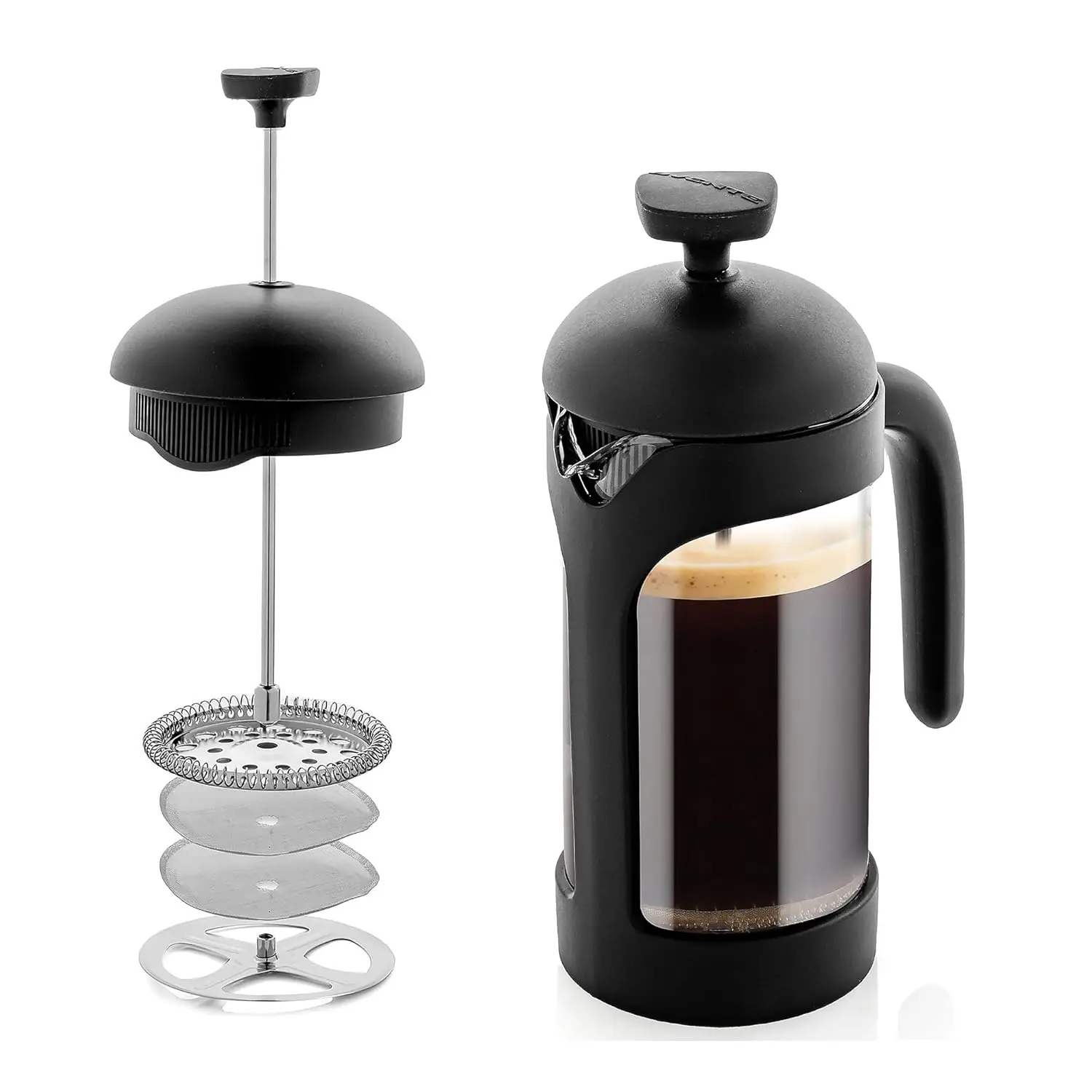 French Press Coffee Maker 12 Ounce with Heat Resistant Borosilicate Glass & Stainless Steel 4-Level Filtration System, Portable Cold Brew Coffee Maker for Travel, Camping or Gift, Black FPB12B