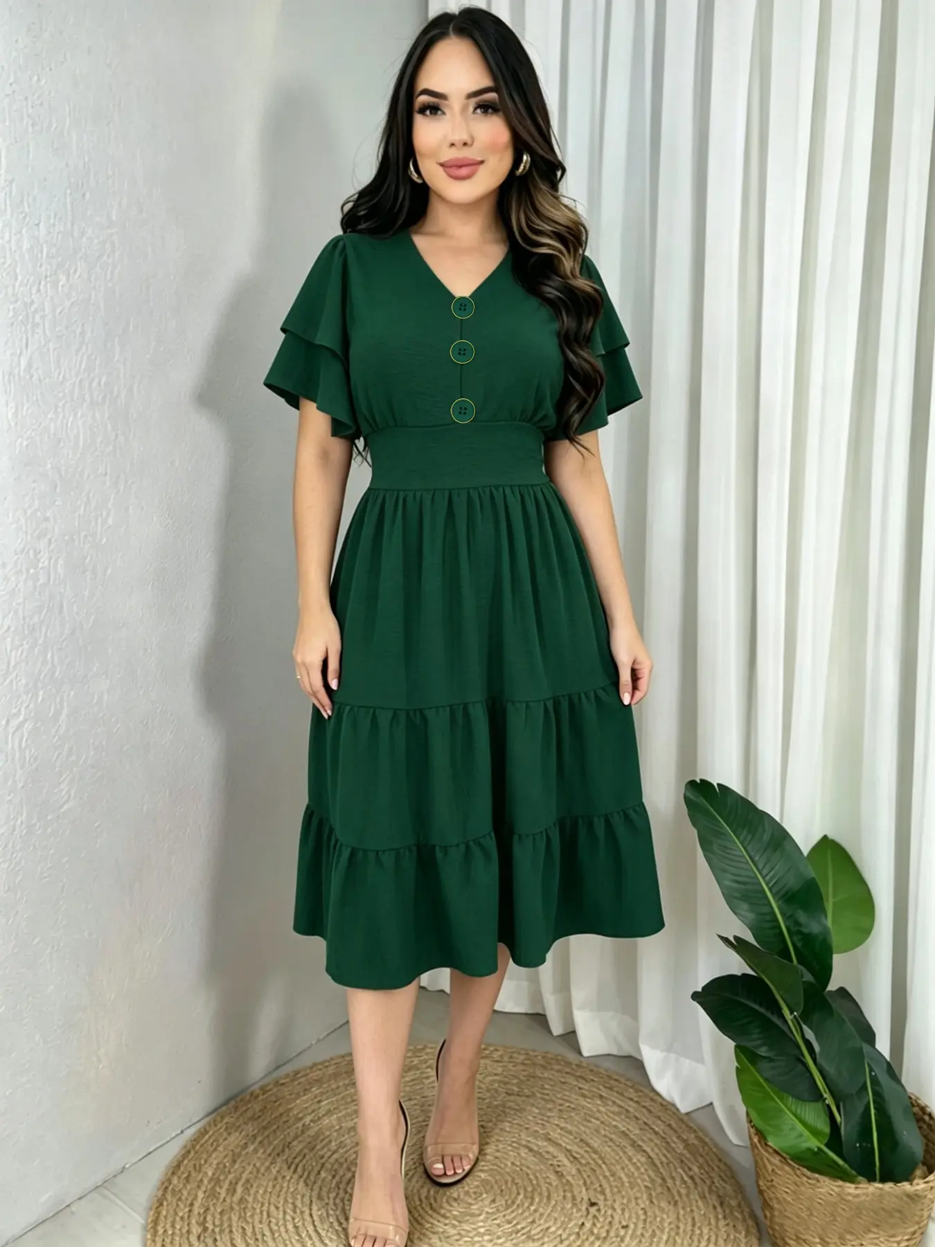 Elegant Regular Fit V-Neck Midi A-Line Dress, Solid Color Layered Sleeve & Ruffle Hem Design, Perfect for Parties and Weddings, Casual Style Summer Wear, Womenswear