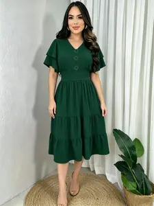 Elegant A-Line V-Neck Midi Dress, Plain Color Layered Ruffle Design, Perfect for Parties, Weddings, Summer Wear, Casual All-Season Style, Womenswear