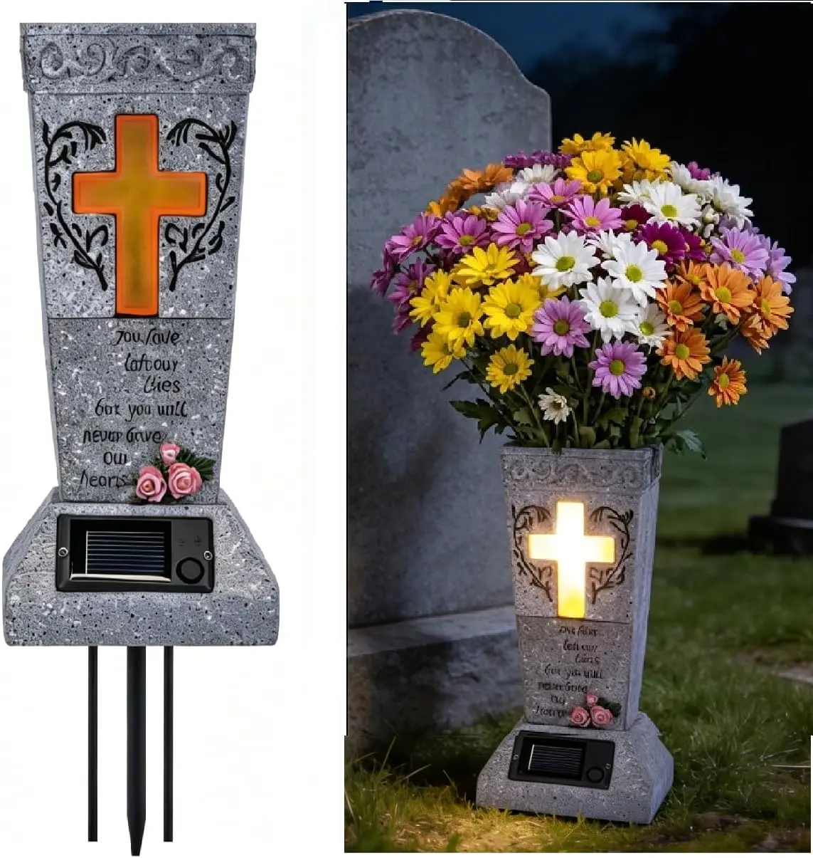 Solar LED Cemetery Vase - Waterproof Decorative Flower Vessel, Eco-Friendly Cross Stand Flower Pot, Energy-Efficient Outdoor Memorial Holder, Sympathy Gift for Fresh or Artificial Blooms