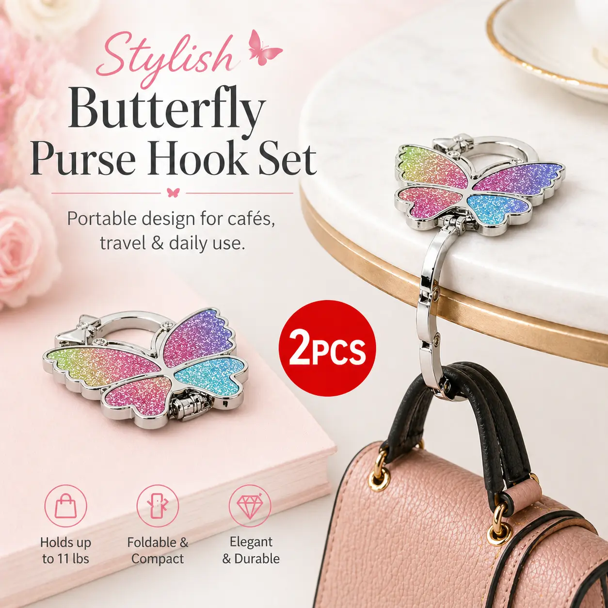 2PCS Butterfly Foldable Handbag Hanger, Portable Table Purse Hook Holder, Lightweight Folding Stand for Daily Table Side Bag Storage