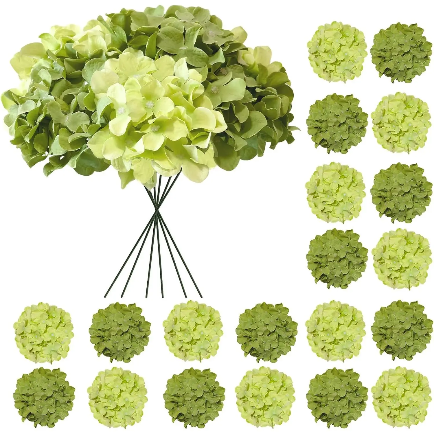 Hydrangea Artificial , 20 count Green Hydrangea Artificial  Bulk, Faux Hydrangea  for Outdoor,  Silk Hydrangea  with Stems for Wedding Decoration Decor