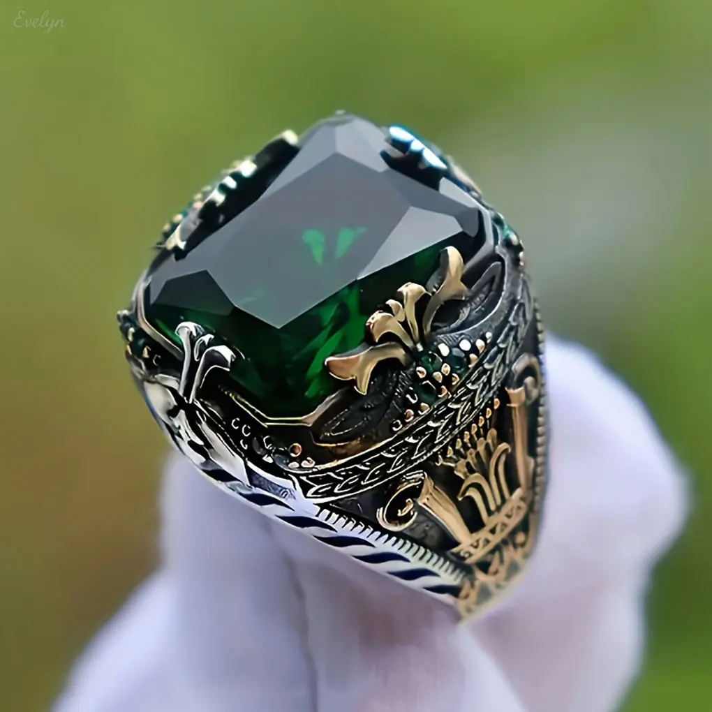 Vintage Engraved Men's Signet Ring, Large Square Gemstone CZ Ring, Gothic Retro Statement Jewelry, S925 Silver Plated Ring for Men Gift