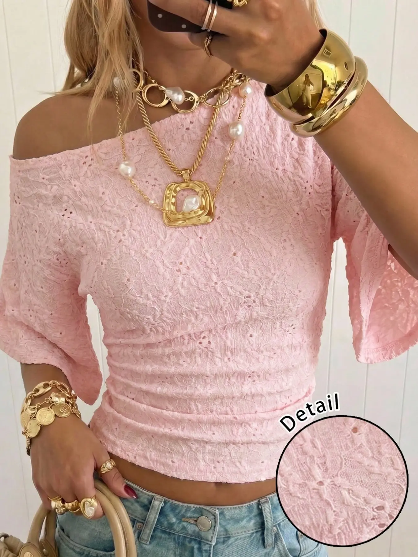 Pink lace off-shoulder blouse top 2026 new style women's fashionable Feminine slim-fitting summer shirt  casual T-shirt  Casual Daily Tops suitable for women's daily commuting  dating and outdoor wear