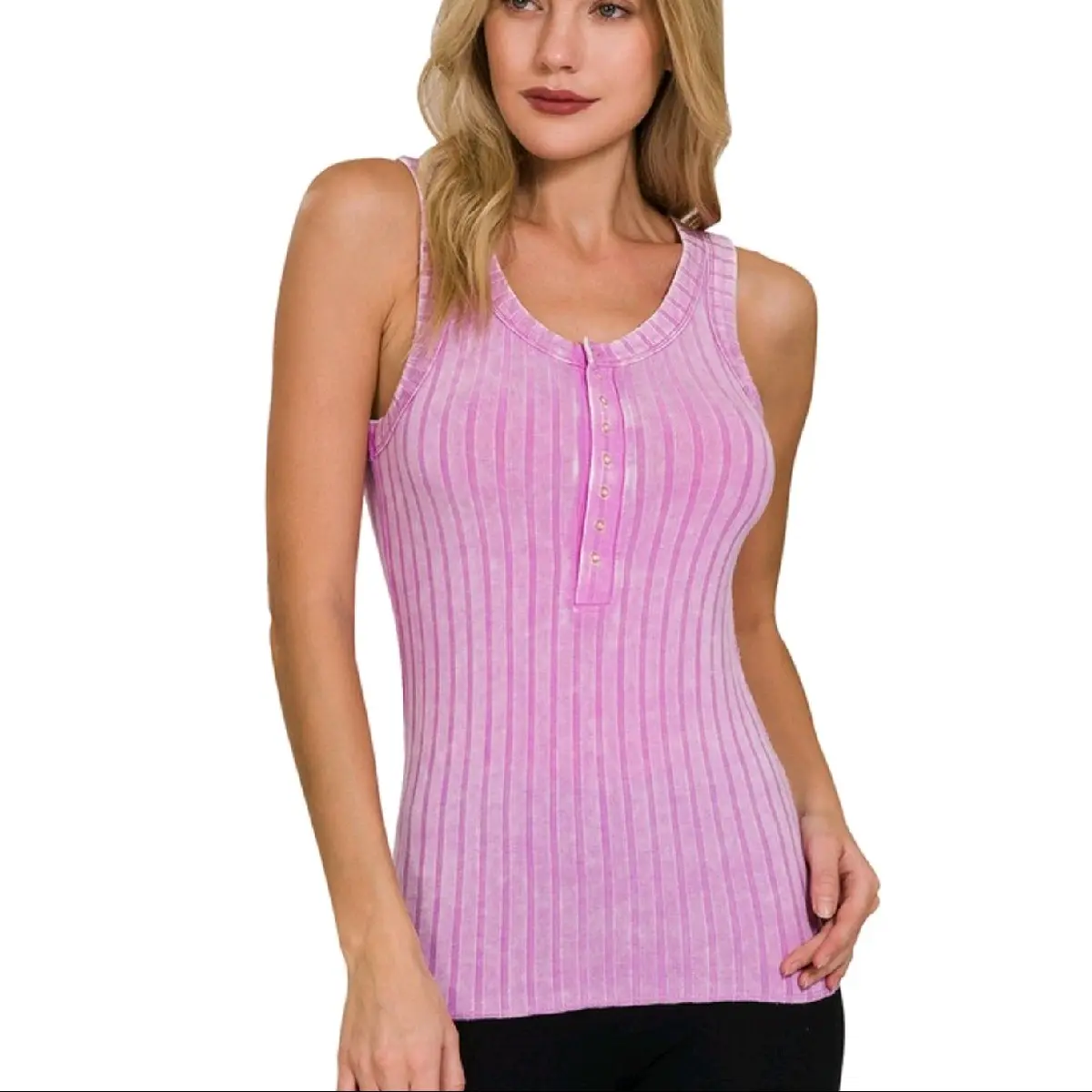 WASHED RIBBED SCOOP NECK  TANK TOP with Front Buttons