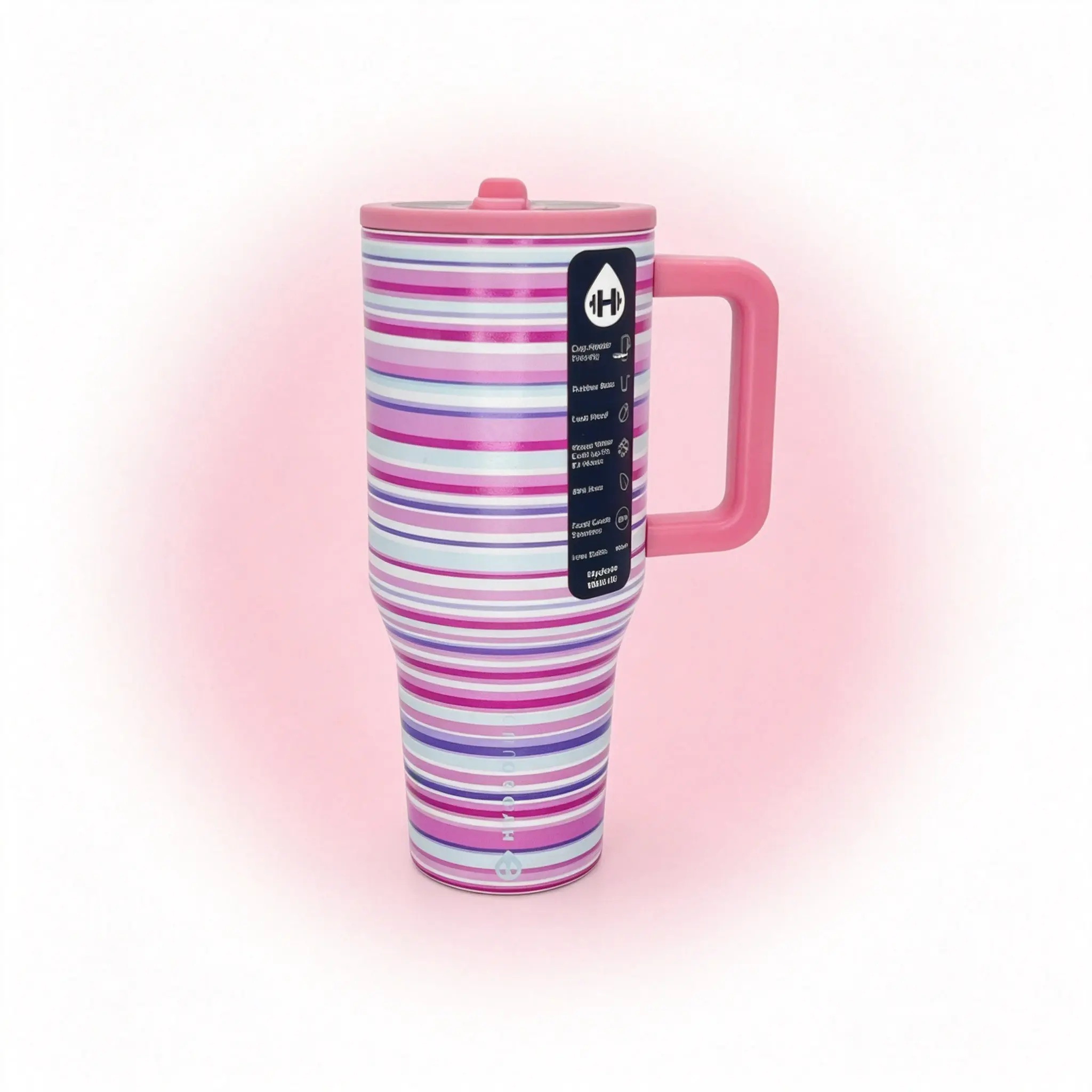 HydroJug 40oz Pink-Lavender Striped Stainless Steel Daily Carry Tumbler - Vacuum Insulated Hydration Tumbler, Insulated Travel Drinkware with Handle, Splash-Proof Flip Lid, Car-Friendly Large Cup for Outdoor Use
