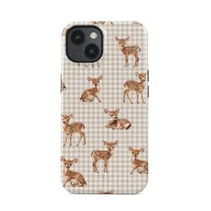 Cute Fawn Checkered Phone Case, Vintage Cottagecore Deer iPhone Cover, Brown Gingham Aesthetic Case for Animal Lovers Compatible with iPhone 12, 13, 14, 15, 16 17 Pro Max phone case & Samsung Galaxy S23, S24 & S25 Ultra